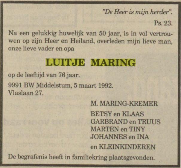 overlijdensadvertentie luitje maring on 5 Mar 1992.